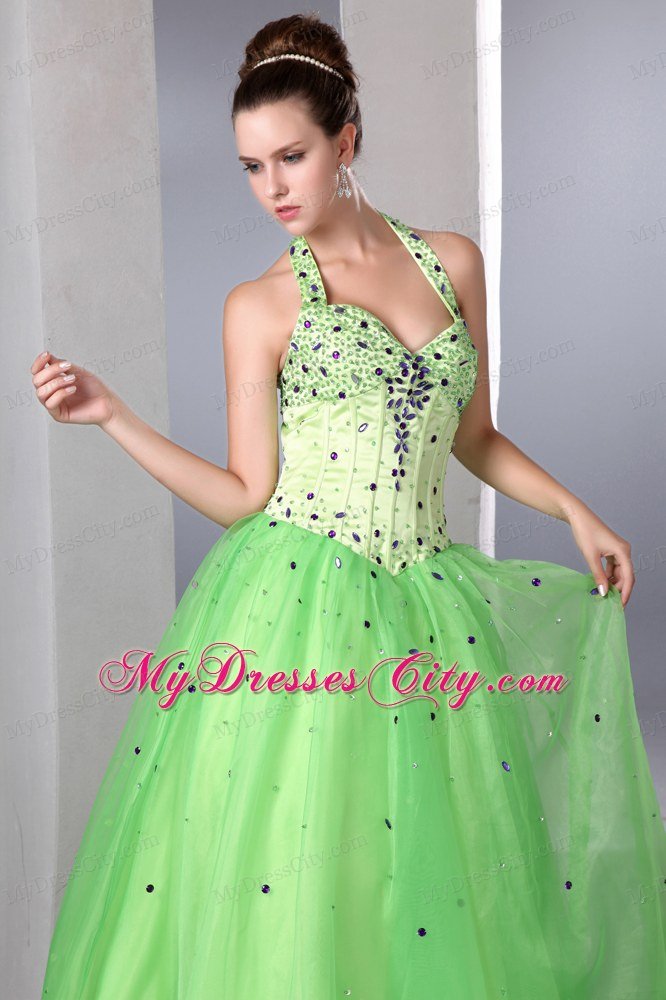 Satin and Organza Beading A-line Halter Spring Green Prom Dress