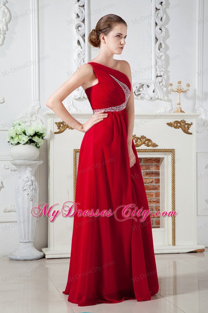 Empire One Shoulder Chiffon Ruches and Beading Red Prom Dress