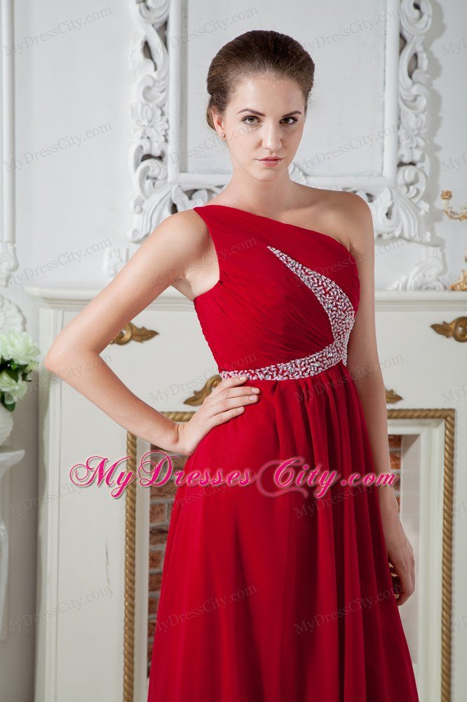 Empire One Shoulder Chiffon Ruches and Beading Red Prom Dress