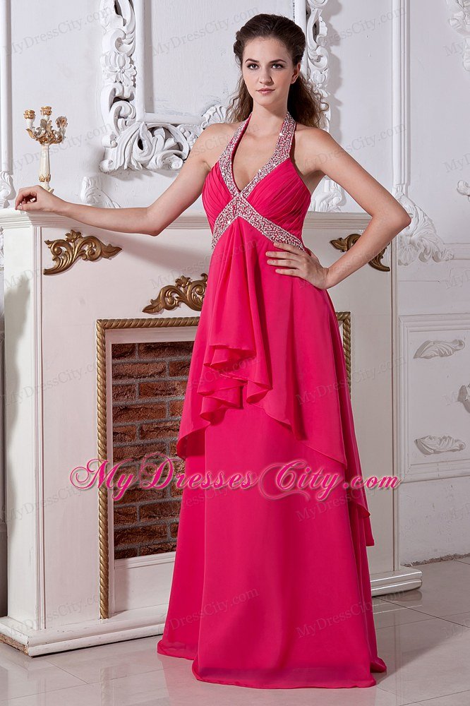 Halter Top Empire Chiffon Hot Pink Prom Dress with Beading