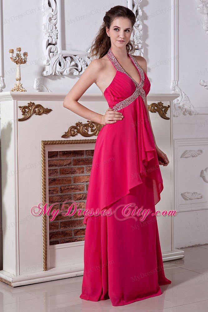 Halter Top Empire Chiffon Hot Pink Prom Dress with Beading