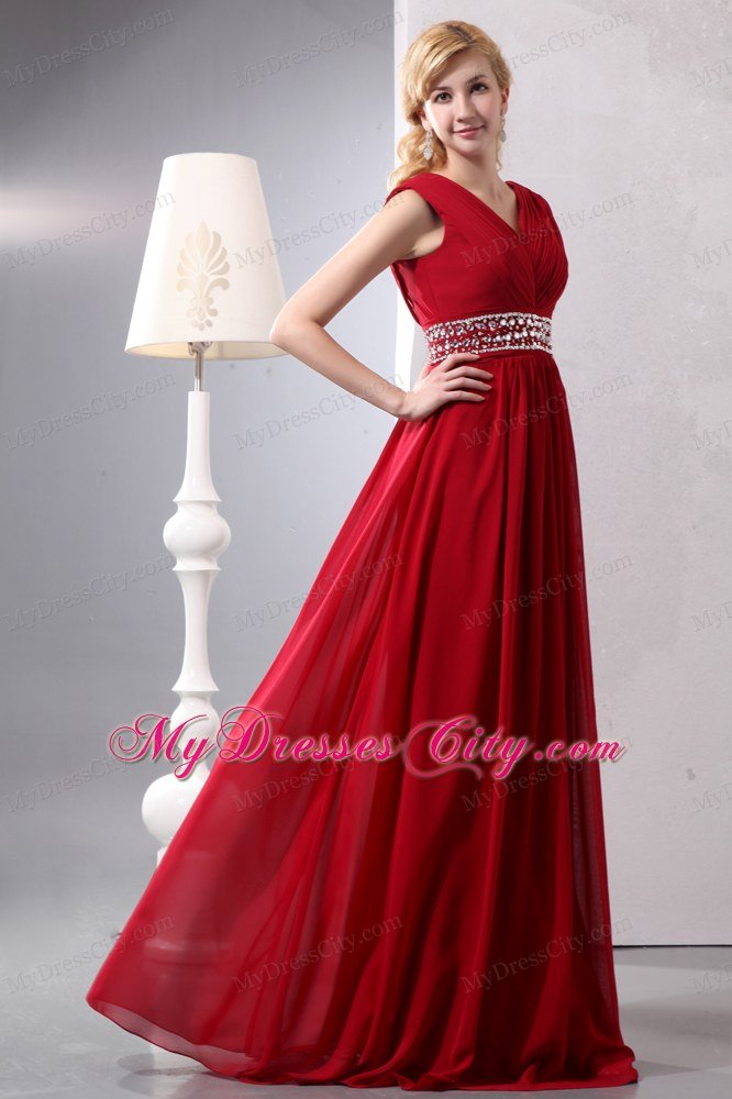 Beaded Chiffon Empire V-neck Ruched Red Prom Dress
