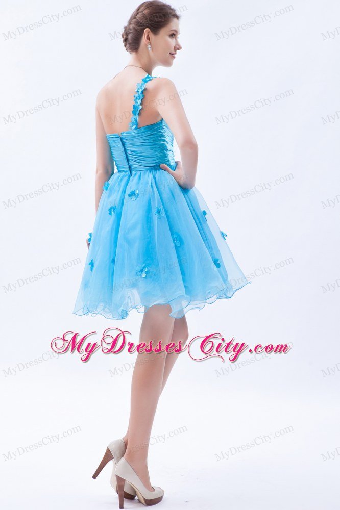 Baby Blue One Shoulder Floral Embellishment Short Prom Dress 2013