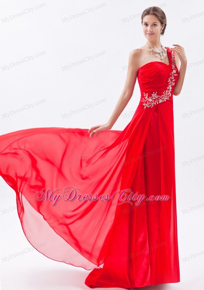 One Shoulder Chiffon Empire Red Prom Dress with Brush Train