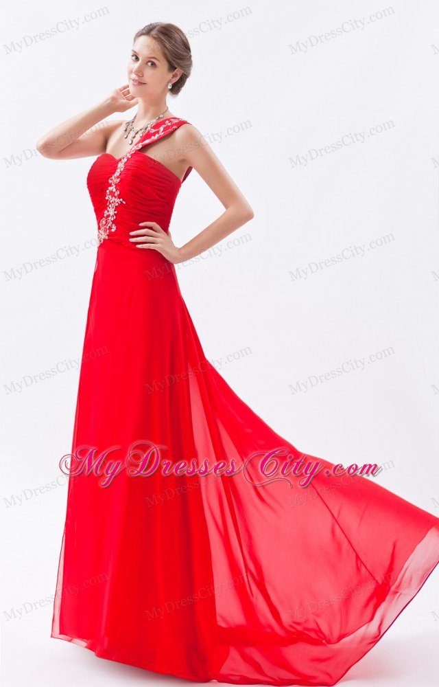 One Shoulder Chiffon Empire Red Prom Dress with Brush Train