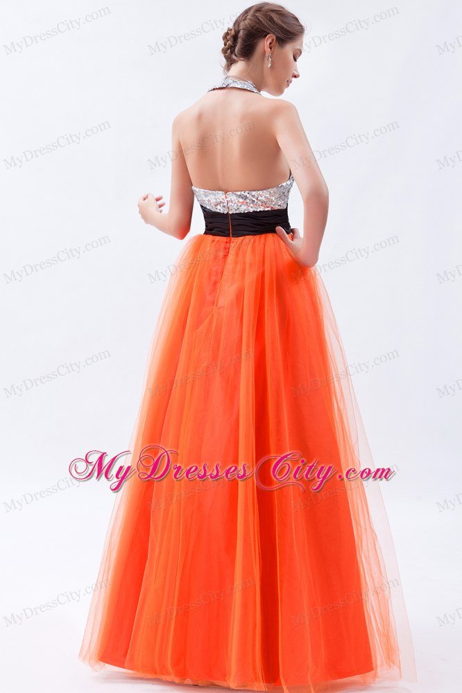 Empire Tulle Sequined Orange Red Prom Dress with Cut Out