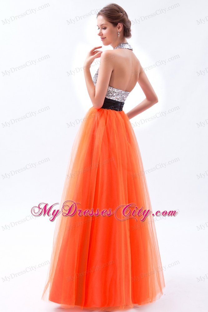 Empire Tulle Sequined Orange Red Prom Dress with Cut Out