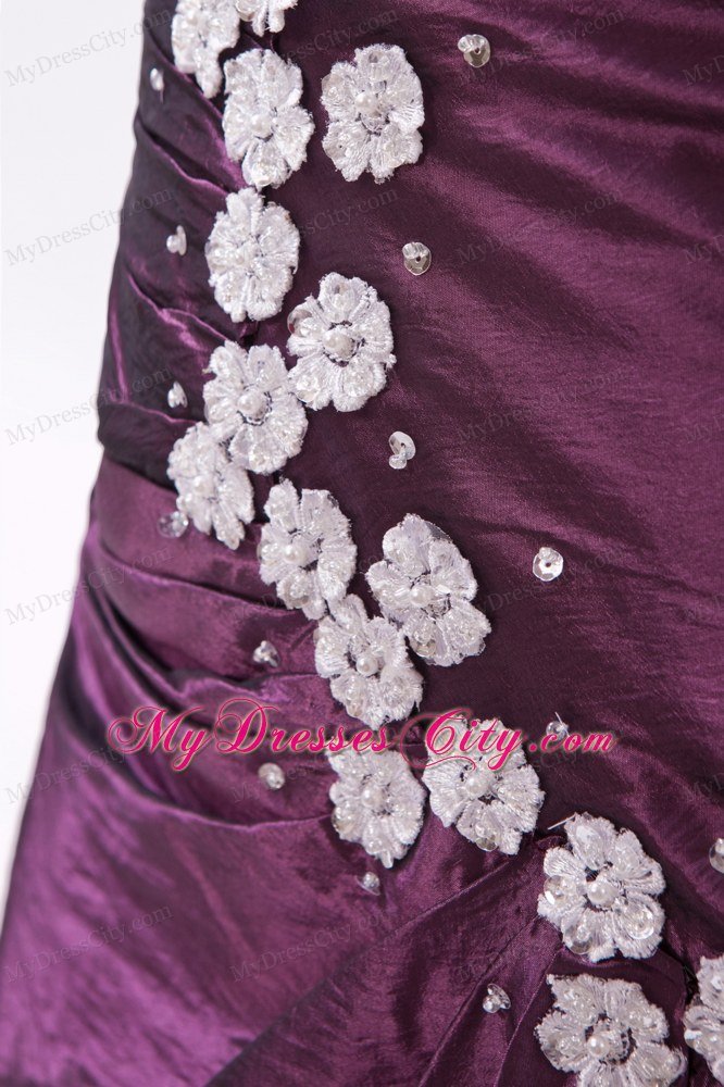 A-line Taffeta Appliques Ruched Dark Purple Prom Dresses 2013