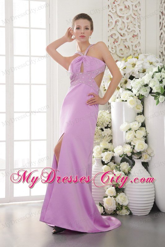 Column Brush Train Beading Lavender Prom Dress with Cut Outs