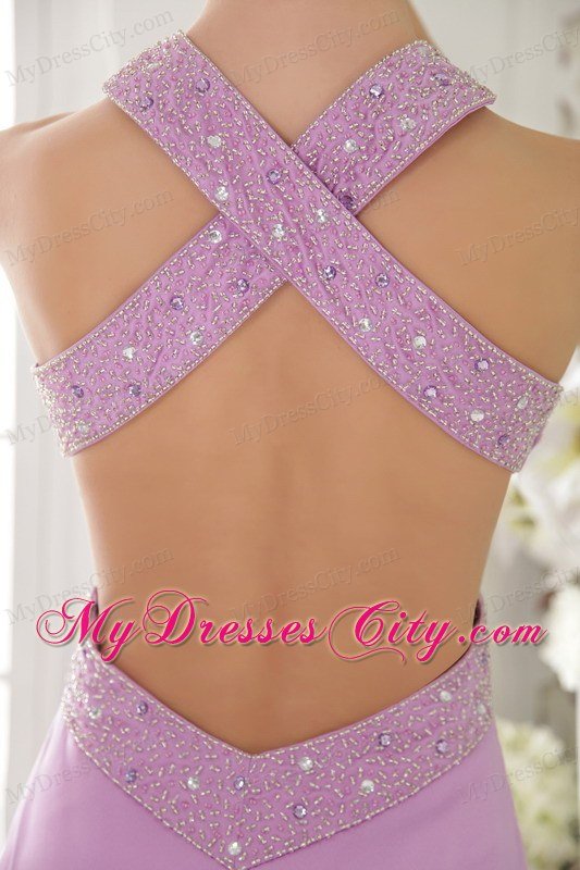 Column Brush Train Beading Lavender Prom Dress with Cut Outs