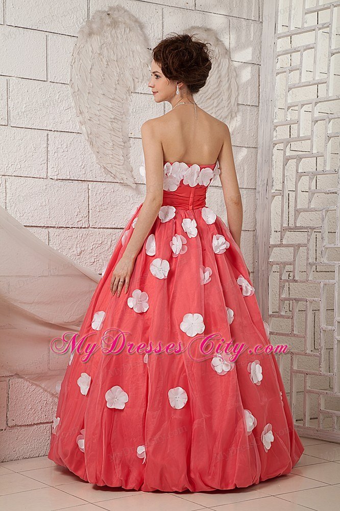 Discounted Watermelon A-line Strapless Flower Prom Dress