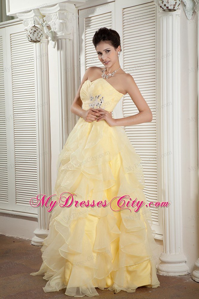2013 Light Yellow Sweetheart Prom Party Dress with Ruffles