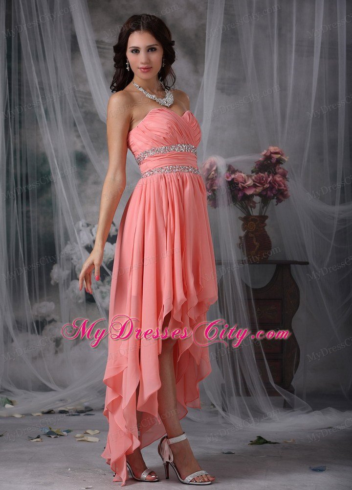 High-low Beaded Peach Red Column Sweetheart Prom Dress