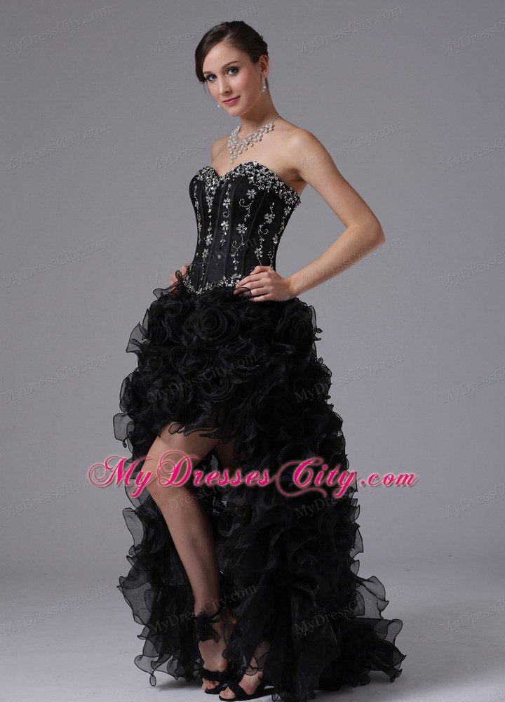Black High-low Beaded Sweetheart Ruffled Prom Dress