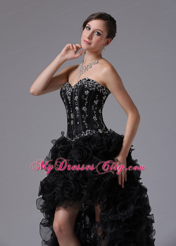 Black High-low Beaded Sweetheart Ruffled Prom Dress