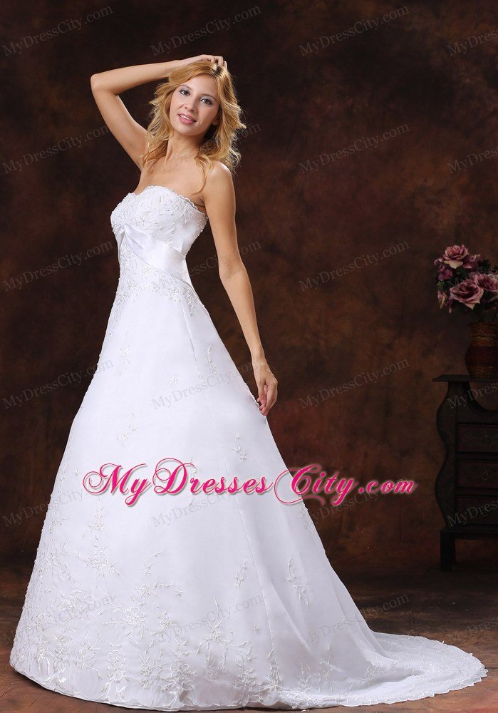 A-line Strapless Embroidery Over Shirt Brush Train Bridal Gown