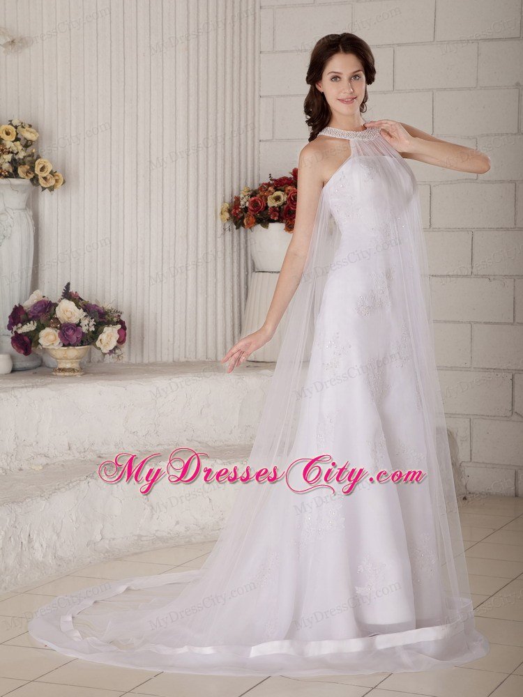 Column High-neck Beading Criss-cross Back Wedding Dress
