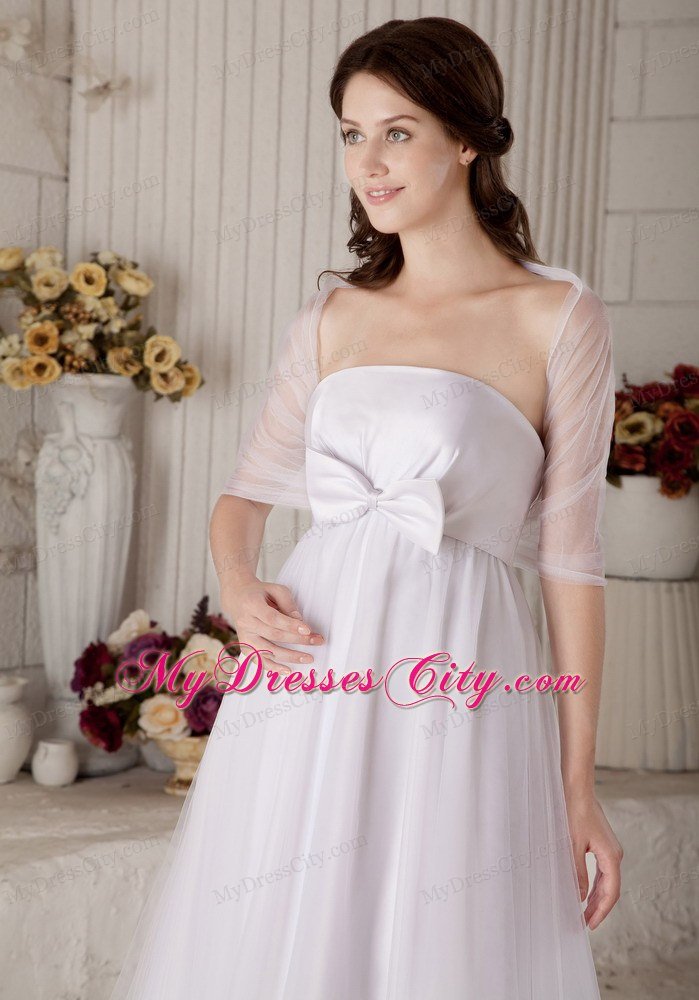 A-line Bowknot Brush Train Wedding Gown with Sheer Jacket