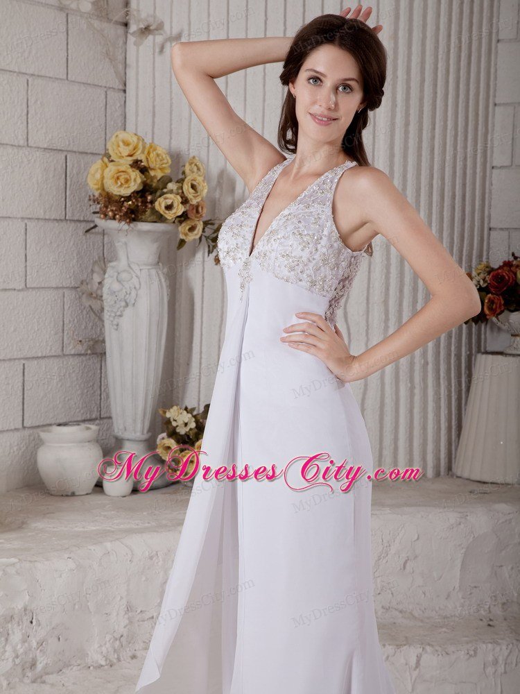 V-neck Brush Train Beading Bridal Gown With Sheer Lace Back
