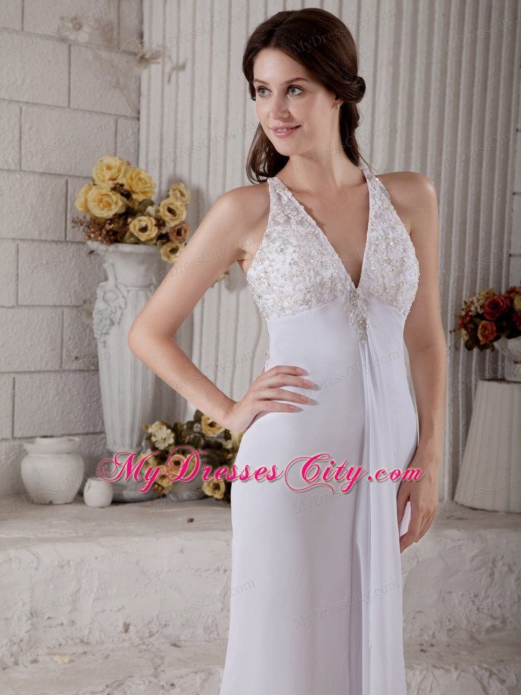 V-neck Brush Train Beading Bridal Gown With Sheer Lace Back