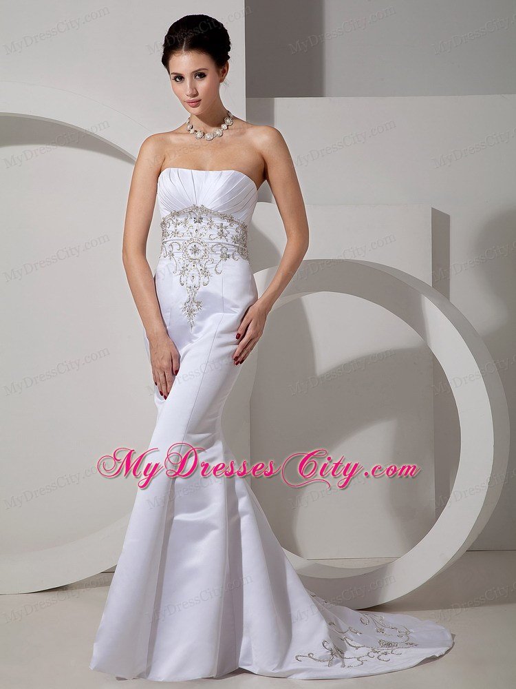 Mermaid Embroidery Decorate Waist and Brush Train Bridal Gown