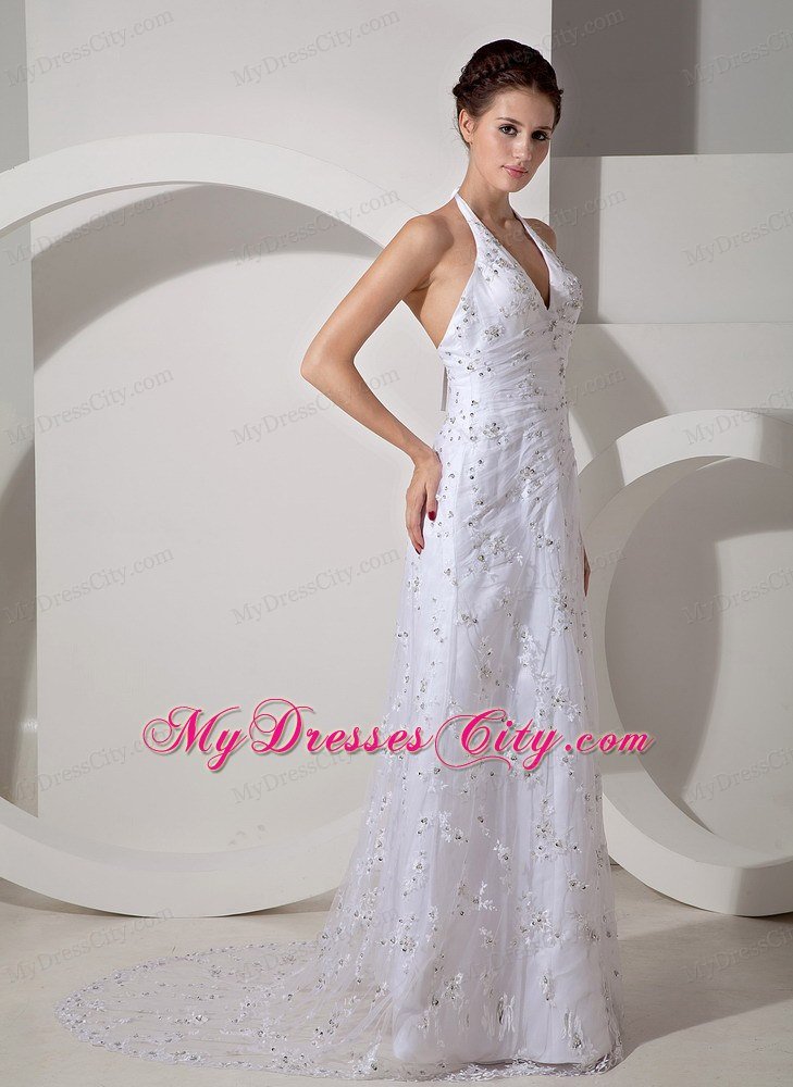 Halter Lace Beading Court Train Bridal Dress with Clasp Handle