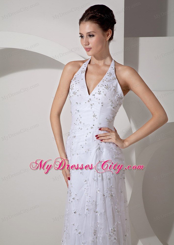 Halter Lace Beading Court Train Bridal Dress with Clasp Handle