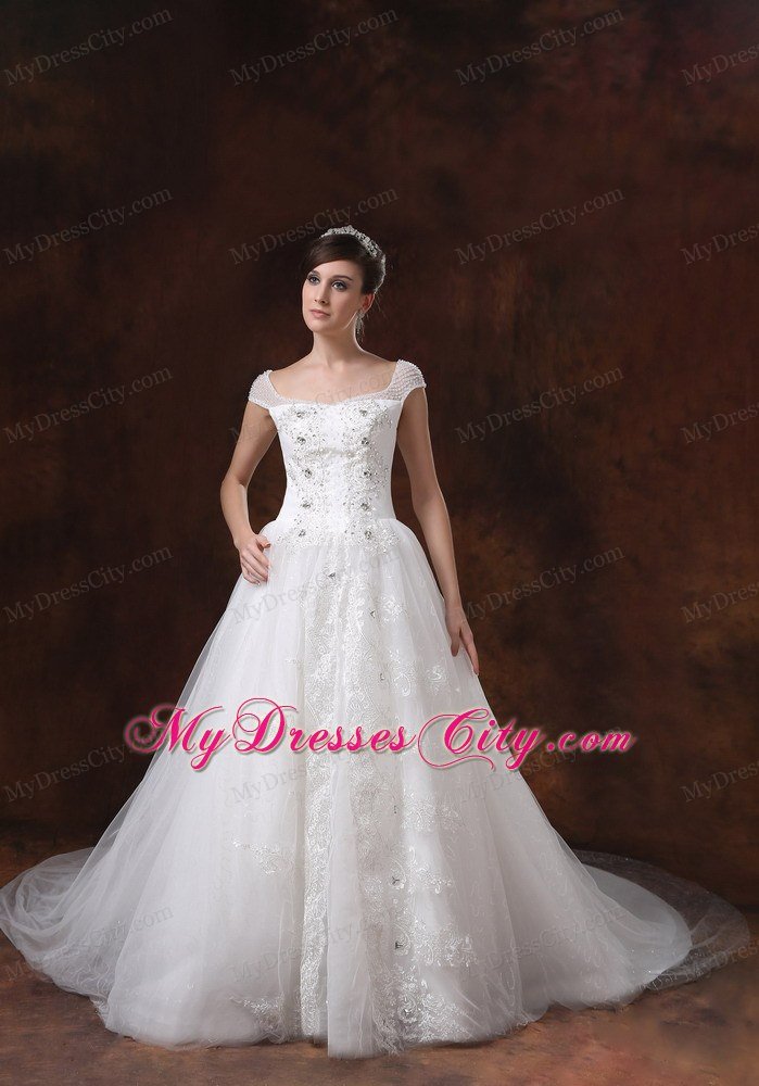 Off-the-shoulder Chapel Train Beading and Appliques Bridal Dress