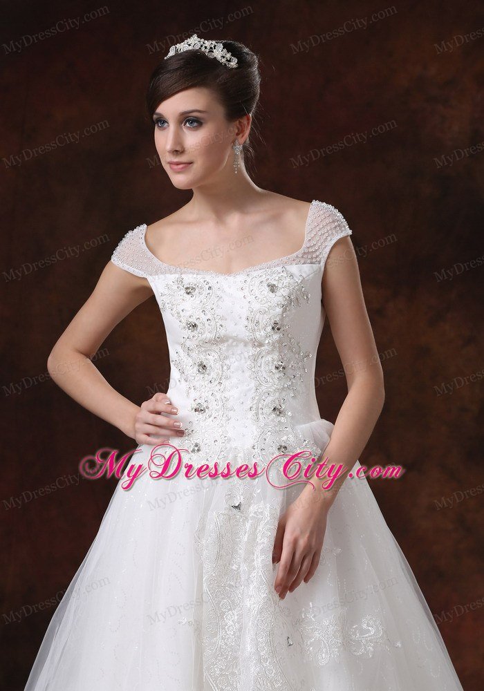 Off-the-shoulder Chapel Train Beading and Appliques Bridal Dress