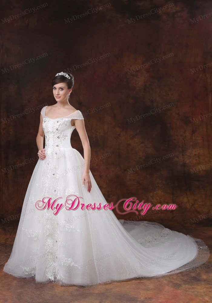 Off-the-shoulder Chapel Train Beading and Appliques Bridal Dress