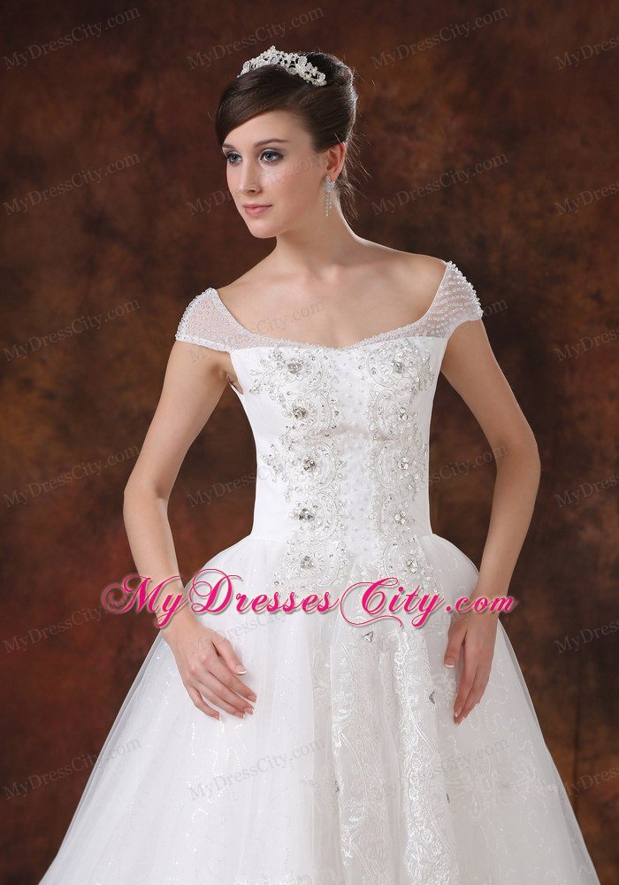 Off-the-shoulder Chapel Train Beading and Appliques Bridal Dress