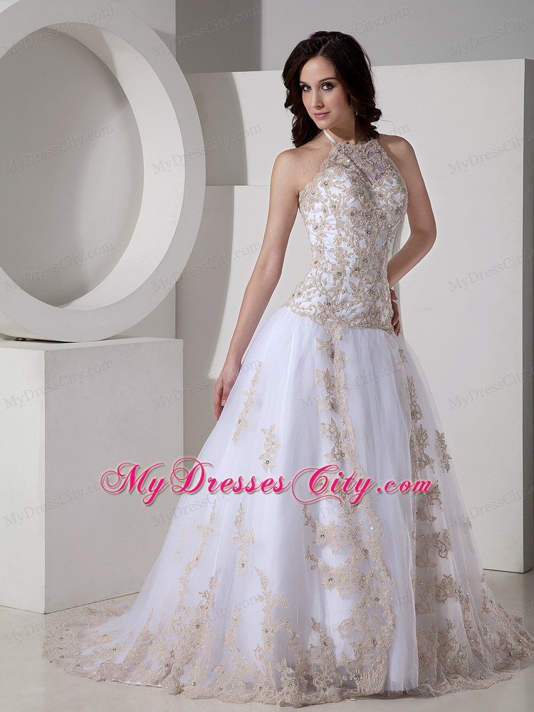 Halter Lace-up Back Ball Gown Beading Lace Wedding Dress