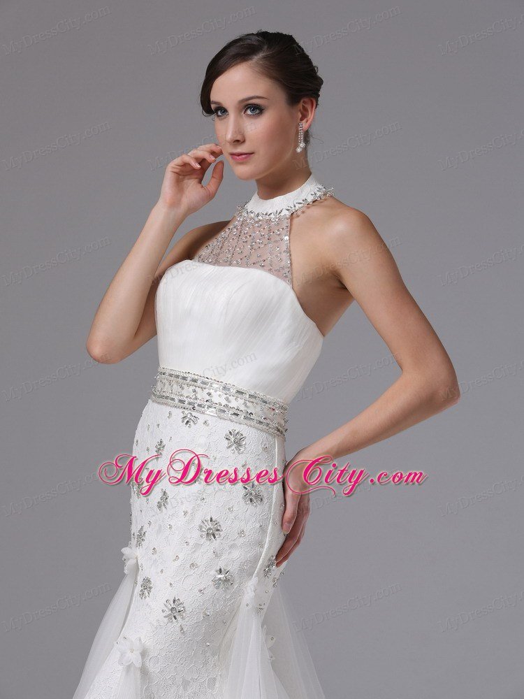 High-neck Beaded and Ruched Lace Brush Train Wedding Gown