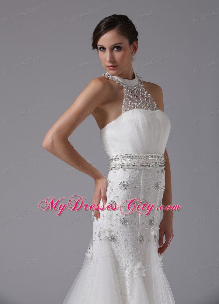 High-neck Beaded and Ruched Lace Brush Train Wedding Gown