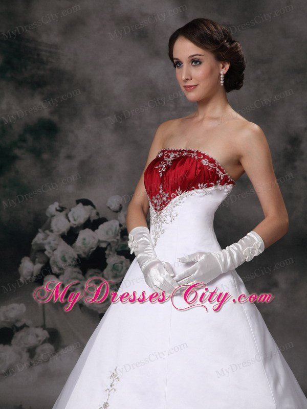 A-Line Strapless Embroidery White and Wine Red Wedding Dress
