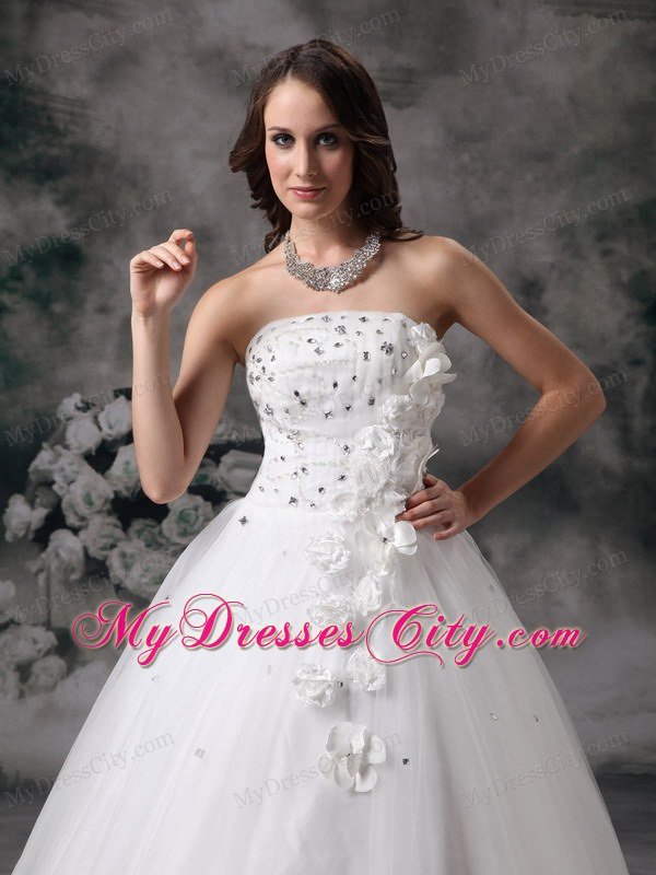 Discount Strapless A-line Jewelry Bridal Dress with Handmade Flower