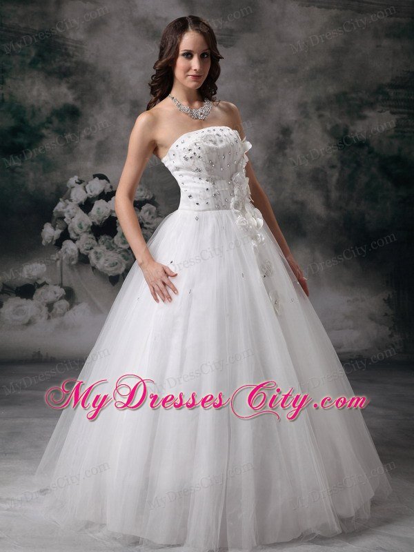 Discount Strapless A-line Jewelry Bridal Dress with Handmade Flower
