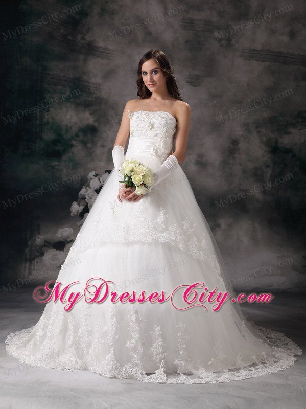 Outdoor Lace A-line Strapless Chapel Train Hand Made Flowers Bridal Dress