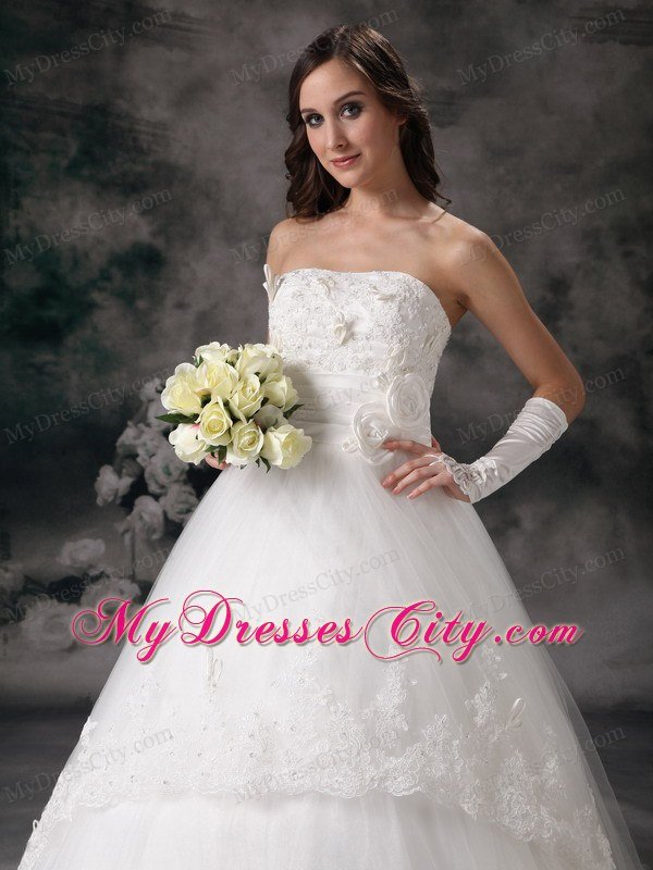 Outdoor Lace A-line Strapless Chapel Train Hand Made Flowers Bridal Dress