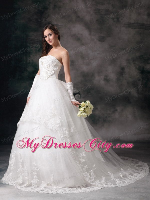 Outdoor Lace A-line Strapless Chapel Train Hand Made Flowers Bridal Dress