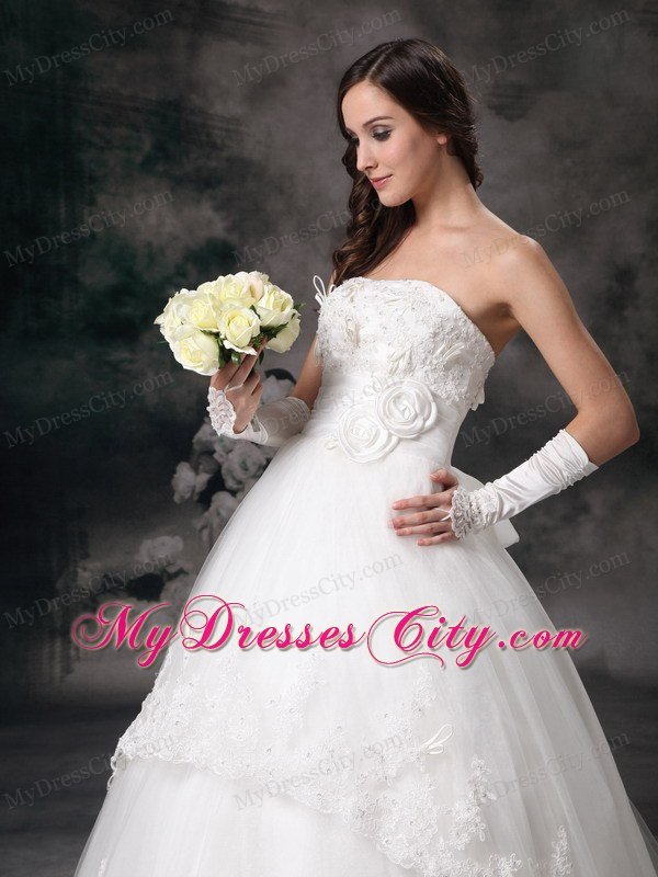 Outdoor Lace A-line Strapless Chapel Train Hand Made Flowers Bridal Dress