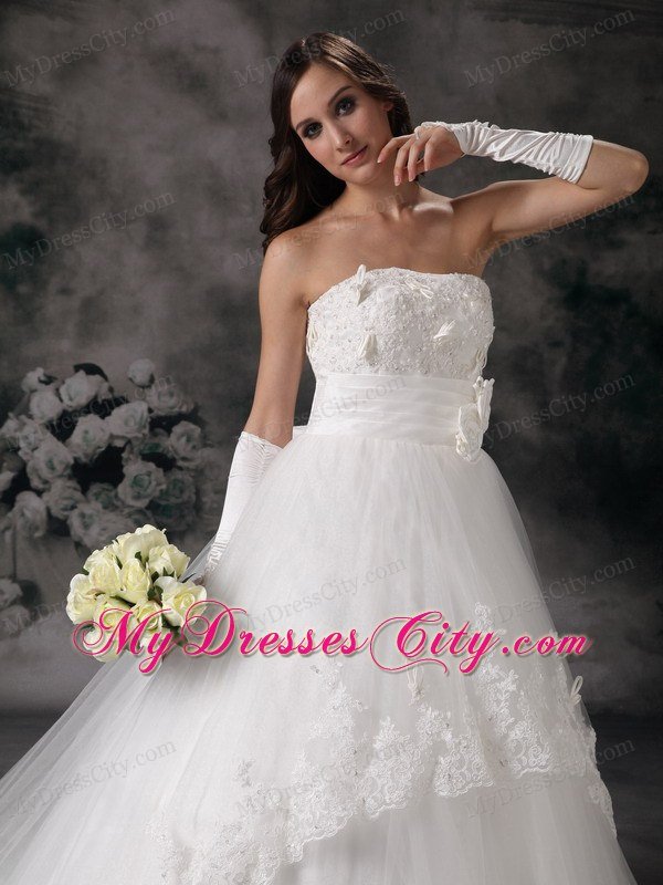 Outdoor Lace A-line Strapless Chapel Train Hand Made Flowers Bridal Dress