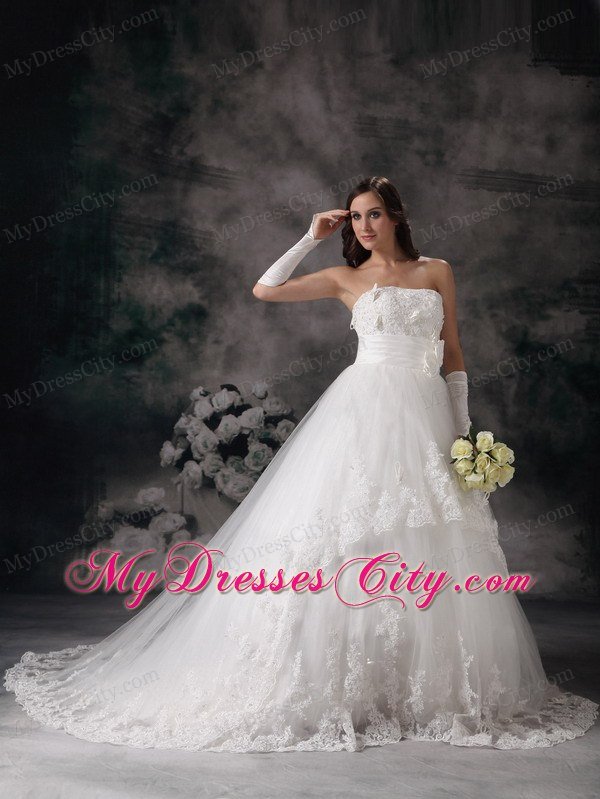 Outdoor Lace A-line Strapless Chapel Train Hand Made Flowers Bridal Dress