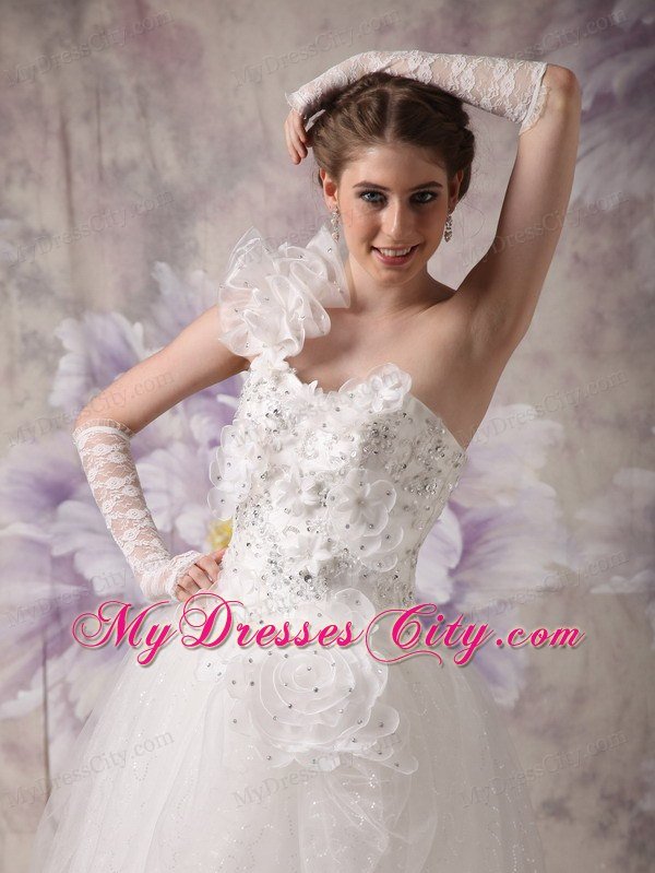 Beaded A-line One Ruffle Shoulder Floor-length Organza Wedding Dress