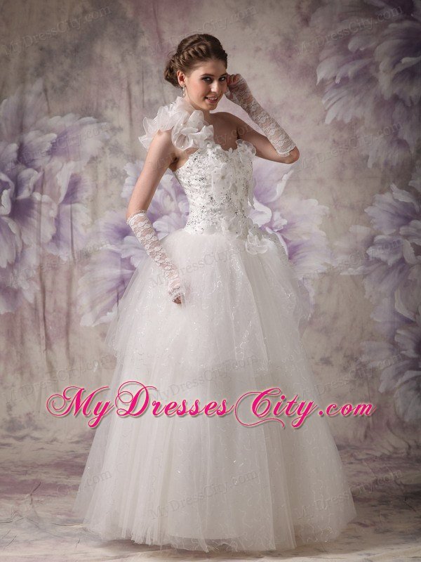 Beaded A-line One Ruffle Shoulder Floor-length Organza Wedding Dress