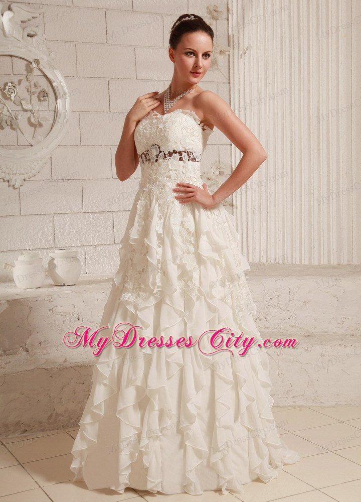 Pretty Lace and Chiffon Ruffled A-line Wedding Dress With Brush Train