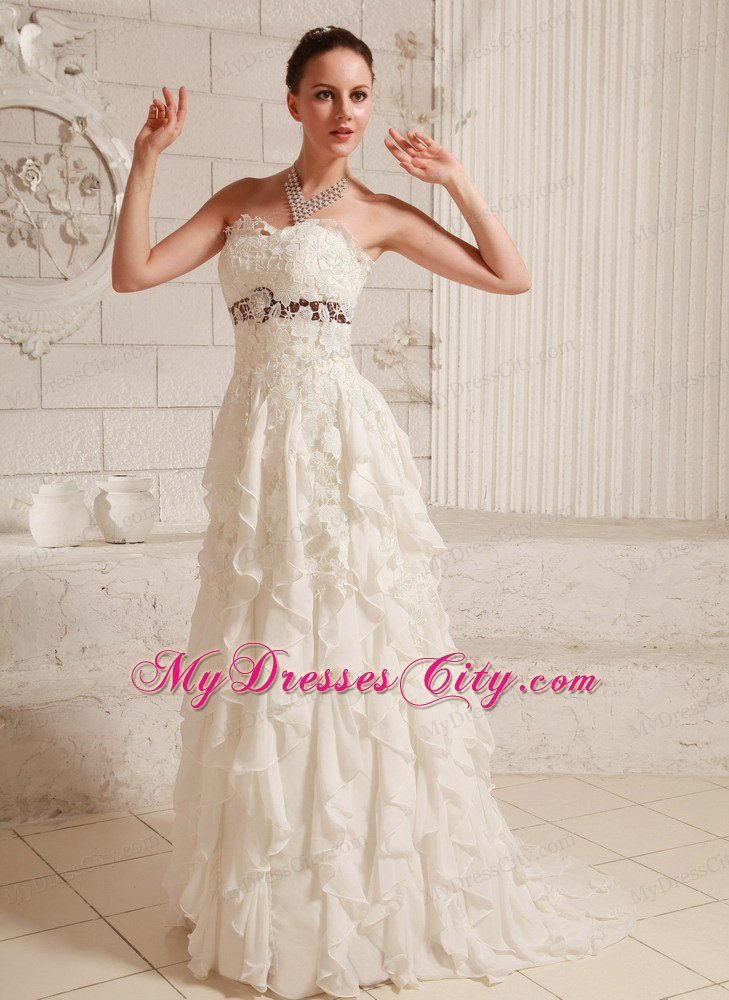 Pretty Lace and Chiffon Ruffled A-line Wedding Dress With Brush Train