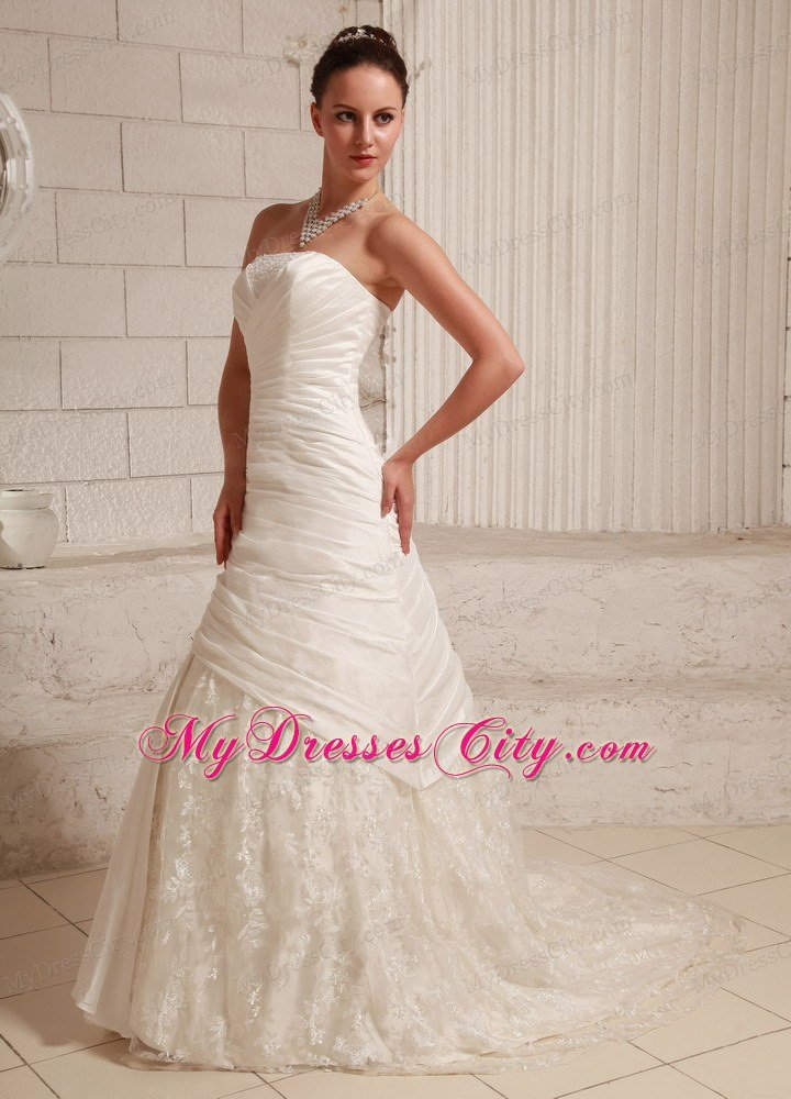 Customize Long A-line Strapless Flowers and Ruche Lace Wedding Dress