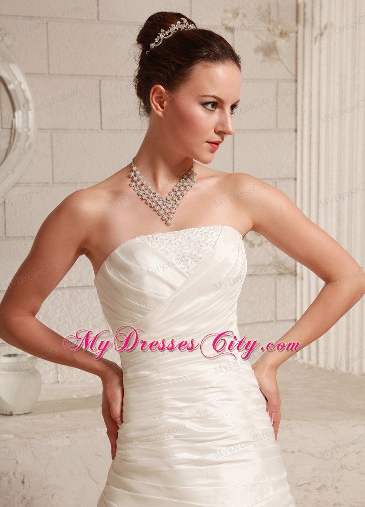 Customize Long A-line Strapless Flowers and Ruche Lace Wedding Dress