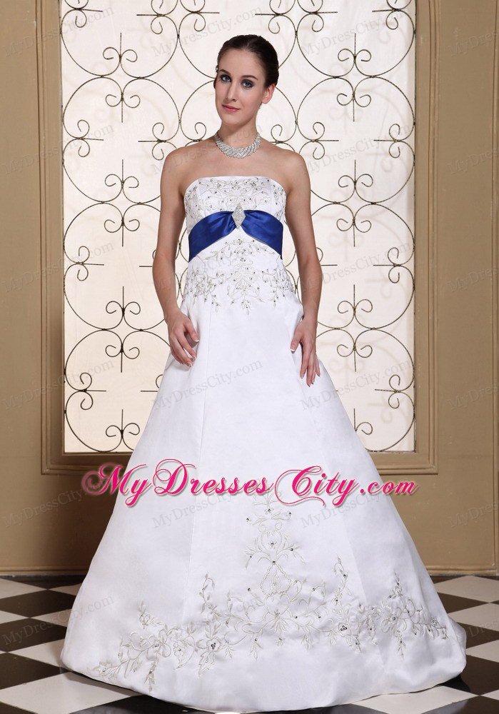 Lovely Embroidery and Beading Wedding Dress with Blue Train and Sash